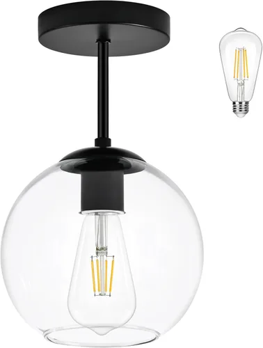 Vista 16 de Bagood Lámpara de techo semiempotrada moderna de mediados de siglo, 3 luces de cristal transparente, lámpara de techo moderna de globo negro mate