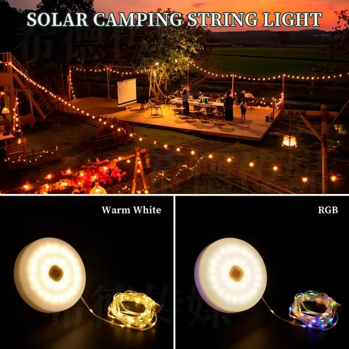 Vista 4 de Guirnalda de 130 luces LED solares, campamento, 33 pies, 13 iluminaciones, linterna portátil, impermeable, 4 en 1, diseño parpadeante, Navidad