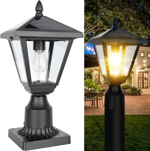 Vista 8 de Luces solares de poste de metal y vidrio, luces solares de poste del atardecer al amanecer con base de montaje en muelle, luces exteriores de 6000 K