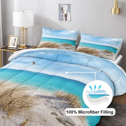 Vista 5 de MOVE OVER Juego de edredón azul océano, juego de ropa de cama costera tamaño King, juego de edredón de 3 piezas con temática de playa, gaviota
