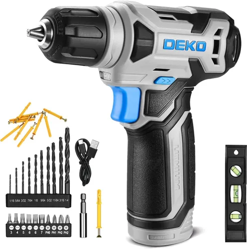 Vista 10 de Taladro inalámbrico DEKOPRO de 8 V, juego de taladro con mandril sin llave de 3/8 pulgadas, 42 piezas de accesorios, LED incorporado, cable de carga