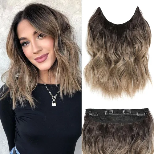 Vista 35 de Extensiones de cabello tipo halo de 20 pulgadas, extensiones de cabello con alambre invisible ajustable, largo, ondulado, sintético, mejorado, 4