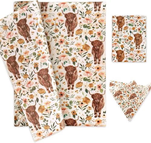 AnyDesign 100 hojas de papel de seda bohemio floral de vaca de las tierras altas, papel de envoltura de flores de vaca para granja, hogar, fiesta,