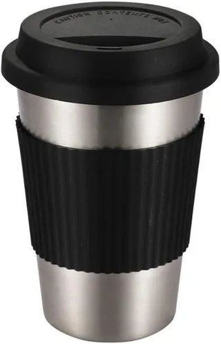 Hoshen Vaso de 17 onzas (con tapa de silicona), taza de café de acero inoxidable, posavasos antiquemaduras, taza para bebidas, color negro