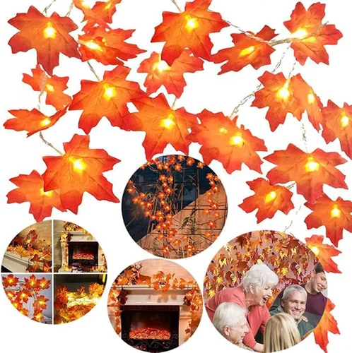 Vista 5 de Guirnalda de otoño con luces, guirnalda de luces de Acción de Gracias, paquete de 2 unidades, total de 20 pies y 40 luces LED de hojas de arce que