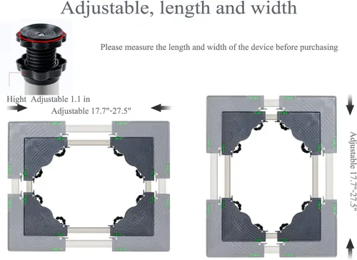 Vista 4 de Base ajustable multifuncional para lavadora Soporte de secadora Antivibración ajustable de 17.7 a 27.5 pulgadas, bandejas de piso para refrigerador