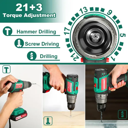 Vista 9 de HYCHIKA - Taladro inalámbrico de 20 V máximo, taladro sin escobillas, par máximo de 530 pulgadas-libras, batería de 2.0 AH cargador rápido de 1 H