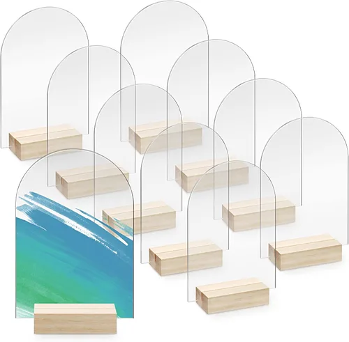 Vista 9 de Bercoor Paquete de 5 carteles acrílicos de arco transparente en blanco de 4 x 6 pulgadas con soportes de madera, hoja acrílica arqueada, números
