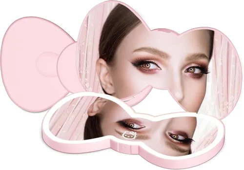 Vista 8 de Impressions Vanity - Espejo compacto LED con lazo de Hello Kitty, bonito espejo de maquillaje de viaje de doble cara, botón táctil suave con apagado