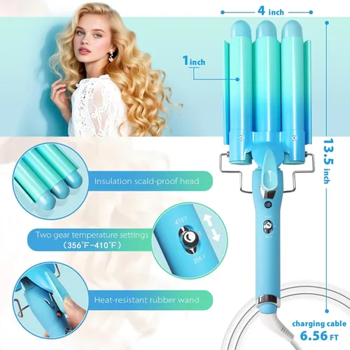 Vista 6 de Rizador de 3 barriles Aleath: Rizador de cabello de doble voltaje con temperatura ajustable de tres barriles - Varilla onduladora de cerámica de 1