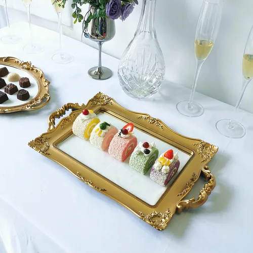 Vista 2 de Bandeja rectangular decorativa para espejo, estilo francés, organizador de maquillaje, organizador de joyas, bandeja para servir, 9.5 x 14.9 Dorado