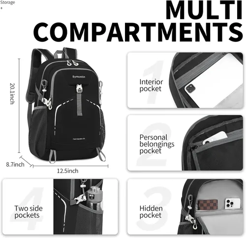 Vista 2 de Mochila plegable ligera de 35 litros - Mochila plegable duradera para viajes, senderismo y gimnasio (negro)