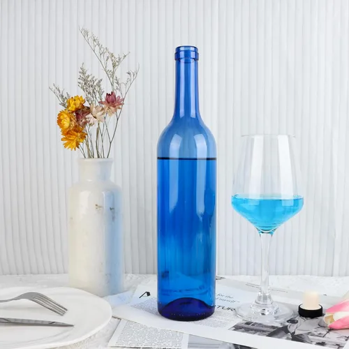 Vista 4 de GUANENA Paquete de 8 botellas de vidrio azul de 750 ml con tapas de corcho y cápsulas retráctiles de PVC, botellas de vino vacías para elaboración