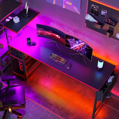 Vista 85 de Bestier Escritorio para juegos con tomas de corriente, escritorio LED grande de 61 pulgadas con estantes reversibles de 4 niveles, mesa