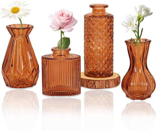 Juego de 4 jarrones de cristal, pequeños jarrones de flores transparentes vintage para mesa a granel, lindo jarrón de estilo rústico para decoración