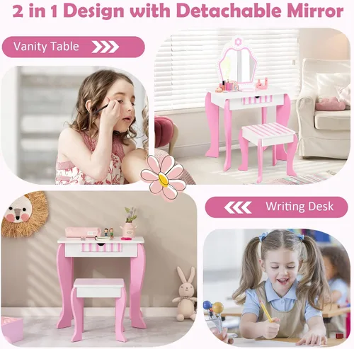 Vista 2 de HONEY JOY Tocador para Niños, Mesa de Maquillaje para Niños Pequeños con Espejo y Taburete, Tocador de Madera de Juego de Simulación para Niñas