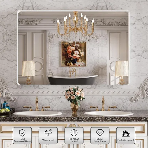 Vista 2 de Espejo de tocador de baño blanco de 48 x 32 pulgadas, espejo rectangular redondeado blanco mate para pared, espejo de marco mate blanco para baño