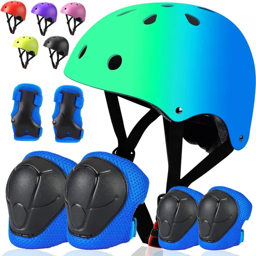 Vista 9 de Juego de casco de bicicleta para niños pequeños, casco de ciclismo ajustable con rodillas, coderas y muñequeras, equipo de protección deportiva