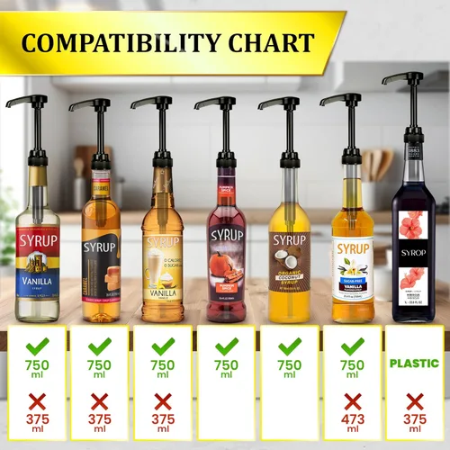Vista 3 de Juego de 4 dispensadores de jarabe de café, bombas de jarabe para cafetería, botellas de 25.4 fl oz con tubo ajustable de plástico de grado