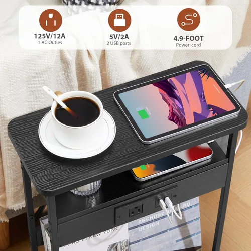 Vista 8 de YEAKOO Mesa auxiliar estrecha con estación de carga, mesa auxiliar de 3 niveles con 2 puertos USB y tomas de corriente, mesa auxiliar delgada
