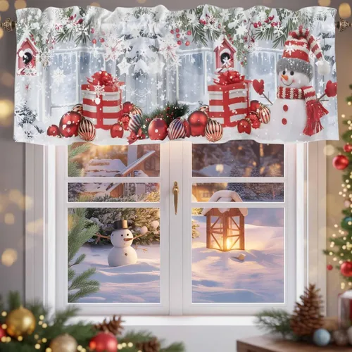 Vista 5 de Cenefa de cortina de muñeco de nieve de Navidad para ventanas, sala de estar, cocina, baño, cafetería, copo de nieve de invierno, ramas de pino