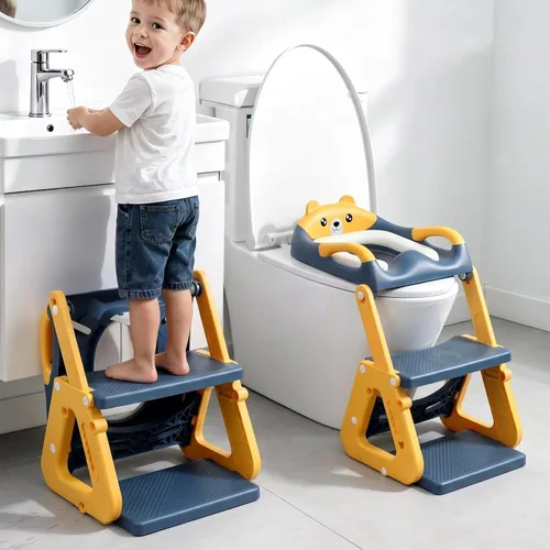 Orzbow Asiento de Entrenamiento de Baño 2-EN-1 con Escalera, Asiento de Inodoro Ajustable en Altura para Niños Pequeños, Entrenamiento de Baño con
