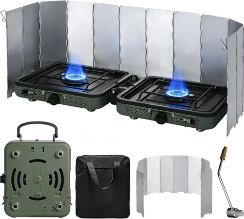 Vista 11 de Estufa de camping de propano de 2 quemadores, estufa de gas plegable portátil para acampar con 17200 BTU, dos quemadores ajustables con mango
