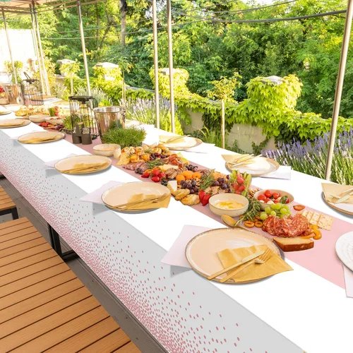 Vista 7 de 3 piezas de mantel y camino de mesa blanco y dorado para decoración de fiesta, mantel de plástico blanco con estampado dorado, camino de mesa Oro