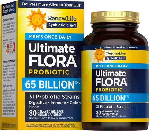 Renew Life Ultimate Flora Probiotics for Men 65 mil millones de UFC Cápsulas veganas de liberación retardada | Salud digestiva | Salud inmunológica