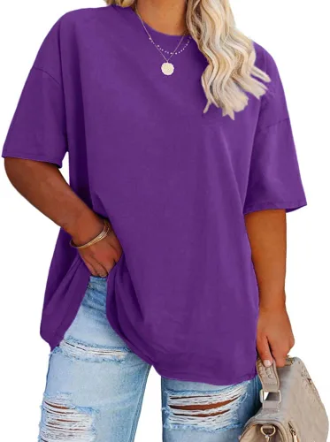 Fisoew Camisetas de talla grande para mujer, camisetas de gran tamaño, de verano, media manga, cuello redondo, túnica