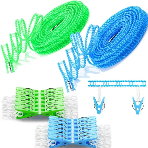 Foshine Clotheslines - Paquete de 2 tendederos con 24 clips de cuerda de secado portátil, resistente al viento, para viajes, interiores, exteriores,