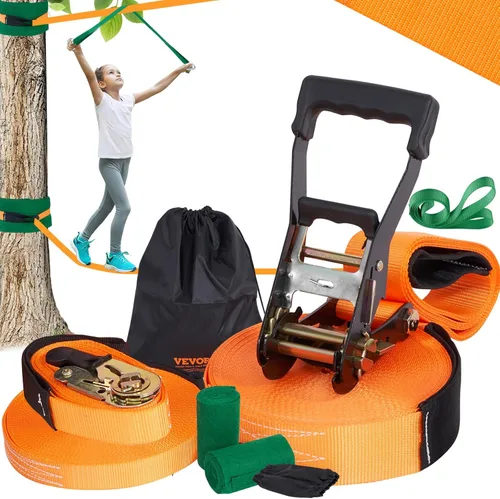 VEVOR Slackline Kit con línea de entrenamiento, equipo de línea floja para patio trasero de 60 pies, cuerda ajustada de fácil instalación para niños