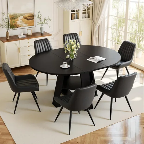 Vista 10 de Aivermel - Juego de mesa de comedor extensible redonda a ovalada para 4 a 6, mesa de cocina de madera con almacenamiento oculto y sillas tapizadas