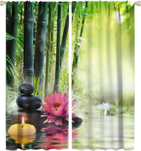 Vista 50 de Cortina con estampado de bambú, estilo japonés, tela para el hogar, sala de estar, dormitorio, cocina, baño, decoración opaca con bolsillo