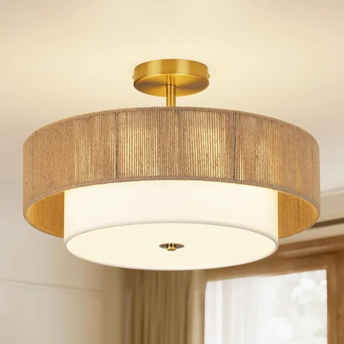 Vista 10 de Lámpara bohemia para techo, 13 pulgadas, lámpara de techo semiempotrada de 13 pulgadas, candelabro de granja de 3 luces, lámpara de techo de ratán