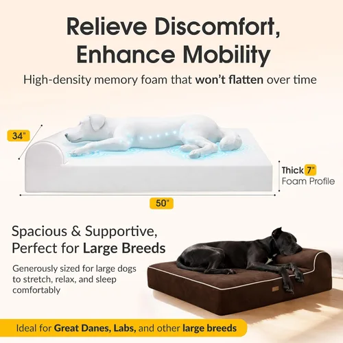 Vista 4 de KOPEKS Cama ortopédica de espuma viscoelástica para perros de 7 pulgadas de grosor, cama extragrande para perros con almohada, color marrón, 50 x 34
