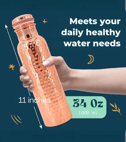 Vista 9 de Botella de agua de cobre (34 oz/33.8 fl oz) 100% pura hecha a mano martillada ayurvédica recipiente de cobre puro para beber resistente y a prueba