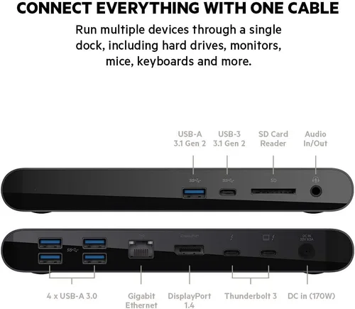 Vista 4 de Belkin Thunderbolt 3 Dock Pro con cable Thunderbolt 3 - Hub USB-C - Estación de acoplamiento USB-C para MacOS y Windows, 4K dual a 60Hz, velocidad