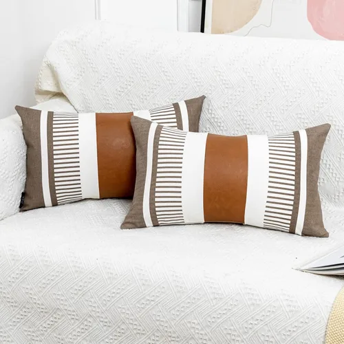 Vista 36 de Fundas de almohada lumbar a rayas bohemias de 12 x 20 pulgadas, funda de almohada de cuero moderna para sofá, decoración del hogar rural, color Negro