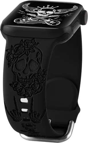 Correa de silicona con grabado floral de Halloween, compatible con Apple Watch 38 40 1.614 in 42 44 46 1.929 in, para mujeres y hombres, correa