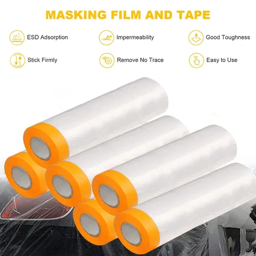Vista 8 de Cinta y cortina, película de enmascarar precintada, 2 rollos de la mejor cinta y cortina de pintores de automóviles, película adhesiva protectora