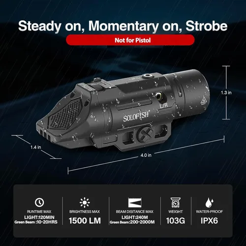 Vista 3 de Solofish linterna táctica deslizable de 1500lm con haz verde compatible con riel Picatinny de 21mm de ancho para rifle (no para pistola), luz