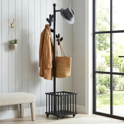 Heavy Duty Coat Rack with Wheels & Storage Basket - Solid Rubberwood Standing Organizer with 10 Hooks & Locking Casters, Square Laundry Hamper for