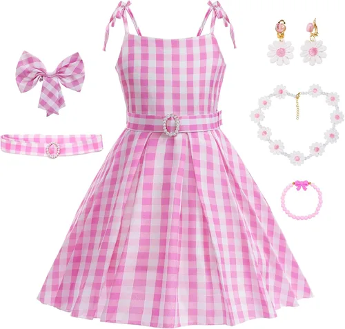 Girls Costume Dress, 3-11 Years Kids' Movie Cosplay Pink Outfit with Accessory Sets for Halloween Party Birthday