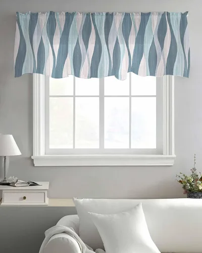 Vista 7 de Navy Blue White Waves Sheer Curtain Valances for Windows Kitchen Curtains Retro Abstract Gradient Art Chiffon Window Treatments Rod Pocket Short
