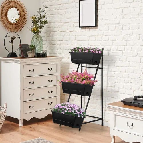 Vista 7 de Cama de jardín elevada vertical de 3 niveles, soporte de macetas de jardín elevadas, caja de maceta de jardín vertical con agujeros de drenaje