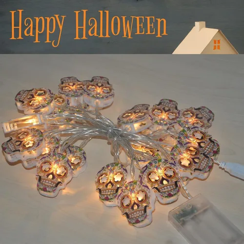 Vista 2 de Guirnalda de luces de Halloween, cadena de luces de calavera para otoño, guirnalda de luces con pilas, alimentación por USB, opcional, 2 modos
