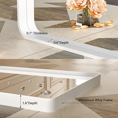 Vista 4 de Espejo de tocador de baño blanco de 48 x 32 pulgadas, espejo rectangular redondeado blanco mate para pared, espejo de marco mate blanco para baño
