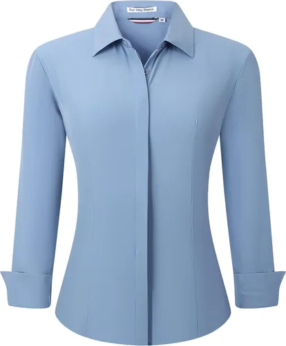 Vista 18 de Alex Vando Camisas de vestir para mujer, sin arrugas, ajuste regular, manga larga, elástica, camisa de trabajo