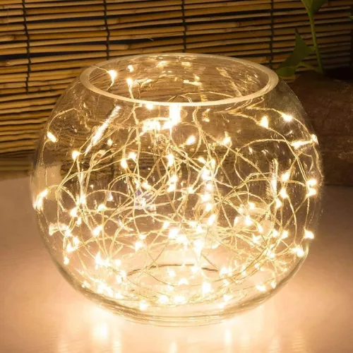 Guirnalda de luces LED de 100 LED, funciona con pilas, con ajuste de temporizador, luces blancas cálidas, iluminación estrellada de alambre plateado